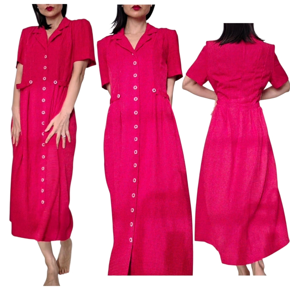 Vintage Sag Harbor 40s Style Red Polka Dot Botton Down Maxi Shirt Dress Size 12